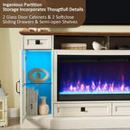 Meuble TV cheminée de 70 pouces pour téléviseur de 80 pouces, meuble TV de style ferme avec porte et tiroirs