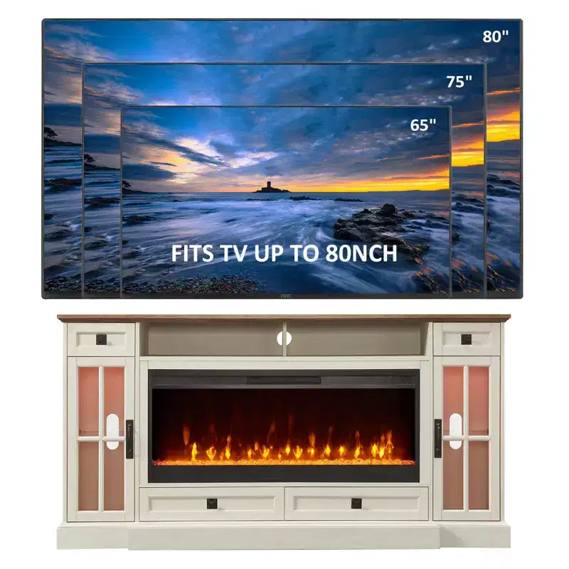 Meuble TV cheminée de 70 pouces pour téléviseur de 80 pouces, meuble TV de style ferme avec porte et tiroirs