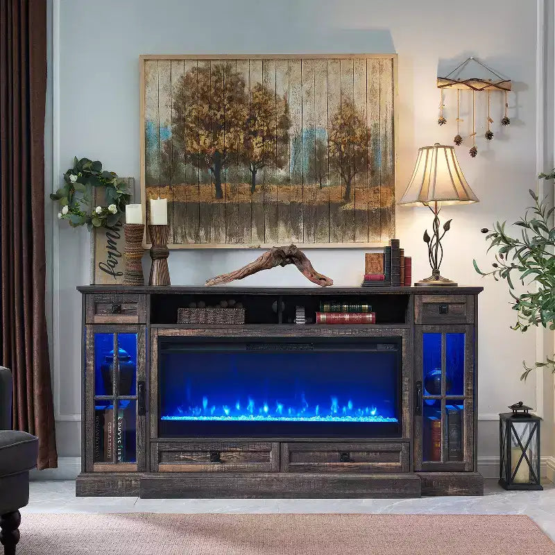Meuble TV cheminée de 70 pouces pour téléviseur de 80 pouces, meuble TV de style ferme avec porte et tiroirs