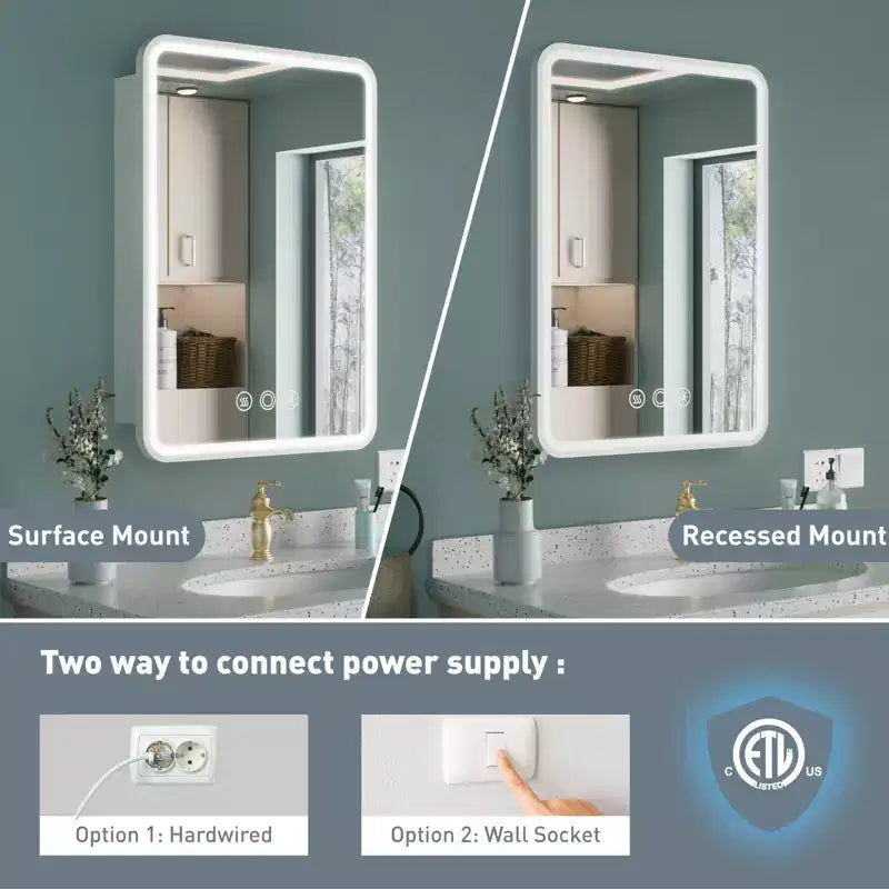 Armoire à pharmacie éclairée par LED, armoire de toilette encastrée ou murale avec miroir, anti-buée, intensité variable, 3 modes d'éclairage, fonction mémoire