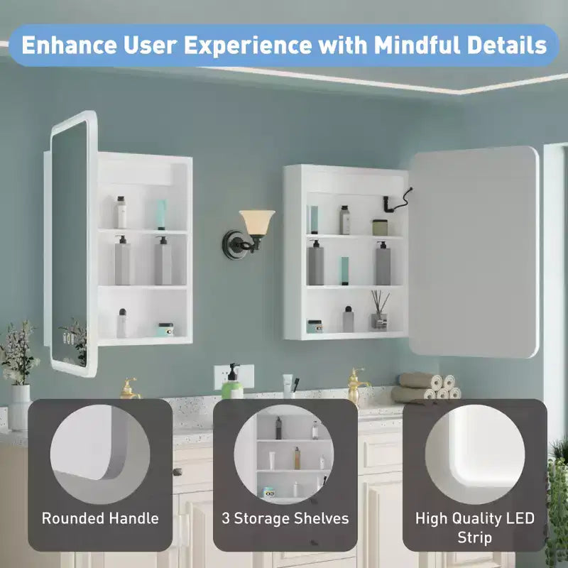 Armoire à pharmacie éclairée par LED, armoire de toilette encastrée ou murale avec miroir, anti-buée, intensité variable, 3 modes d'éclairage, fonction mémoire