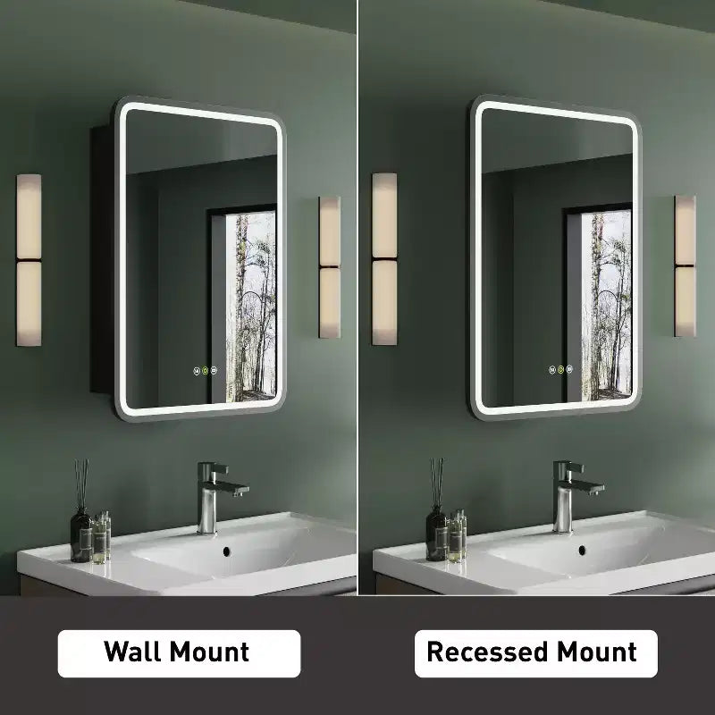 Armoire à pharmacie éclairée par LED, armoire de toilette encastrée ou murale avec miroir, anti-buée, intensité variable, 3 modes d'éclairage, fonction mémoire