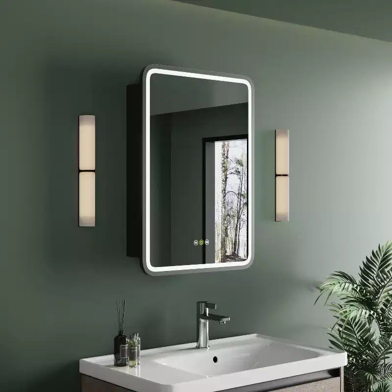 Armoire à pharmacie éclairée par LED, armoire de toilette encastrée ou murale avec miroir, anti-buée, intensité variable, 3 modes d'éclairage, fonction mémoire