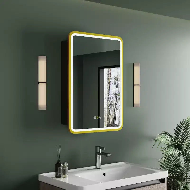 Armoire à pharmacie éclairée par LED, armoire de toilette encastrée ou murale avec miroir, anti-buée, intensité variable, 3 modes d'éclairage, fonction mémoire