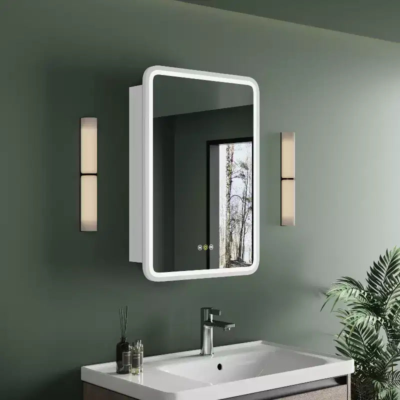 Armoire à pharmacie éclairée par LED, armoire de toilette encastrée ou murale avec miroir, anti-buée, intensité variable, 3 modes d'éclairage, fonction mémoire