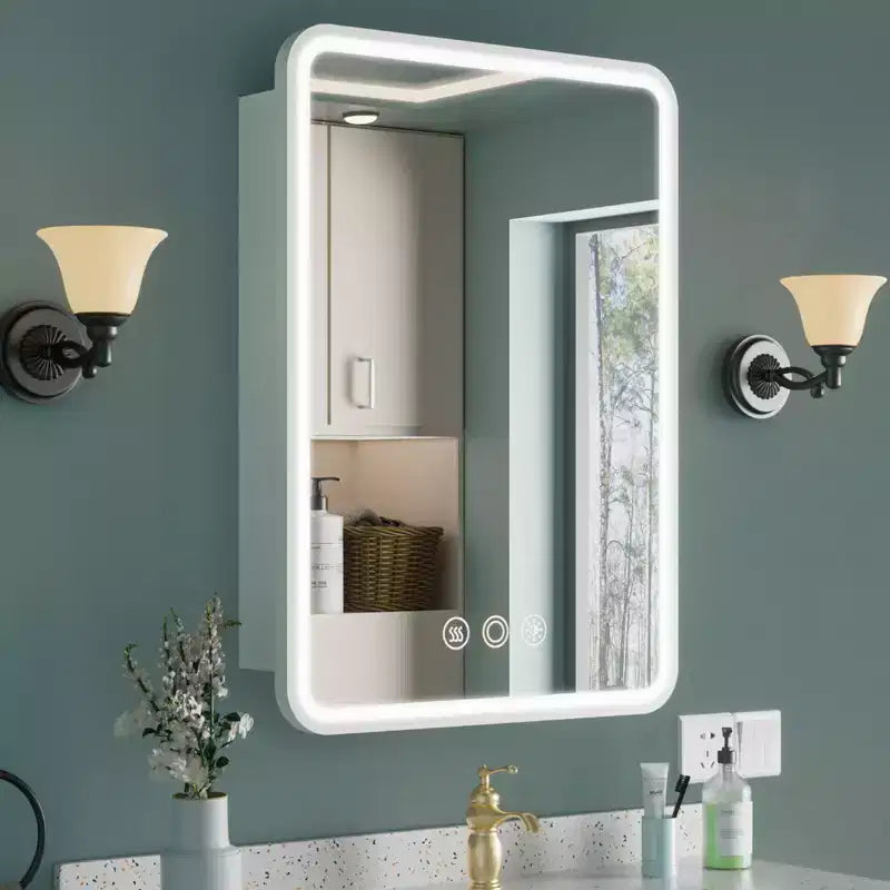 Armoire à pharmacie éclairée par LED, armoire de toilette encastrée ou murale avec miroir, anti-buée, intensité variable, 3 modes d'éclairage, fonction mémoire
