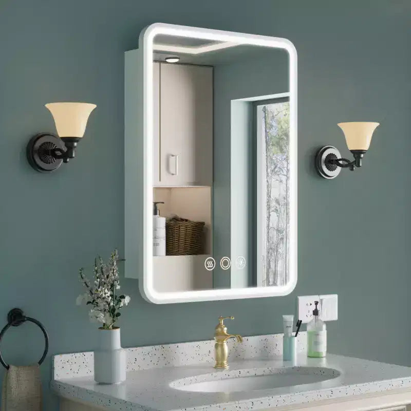 Armoire à pharmacie éclairée par LED, armoire de toilette encastrée ou murale avec miroir, anti-buée, intensité variable, 3 modes d'éclairage, fonction mémoire