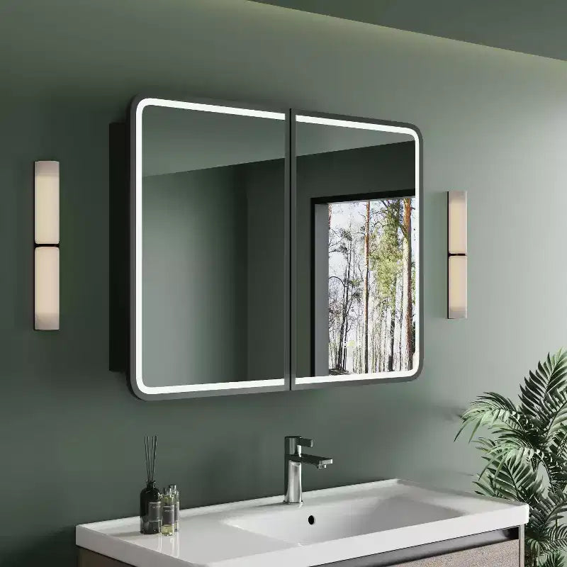 Armoire à pharmacie éclairée par LED, armoire de toilette encastrée ou murale avec miroir, anti-buée, intensité variable, 3 modes d'éclairage, fonction mémoire