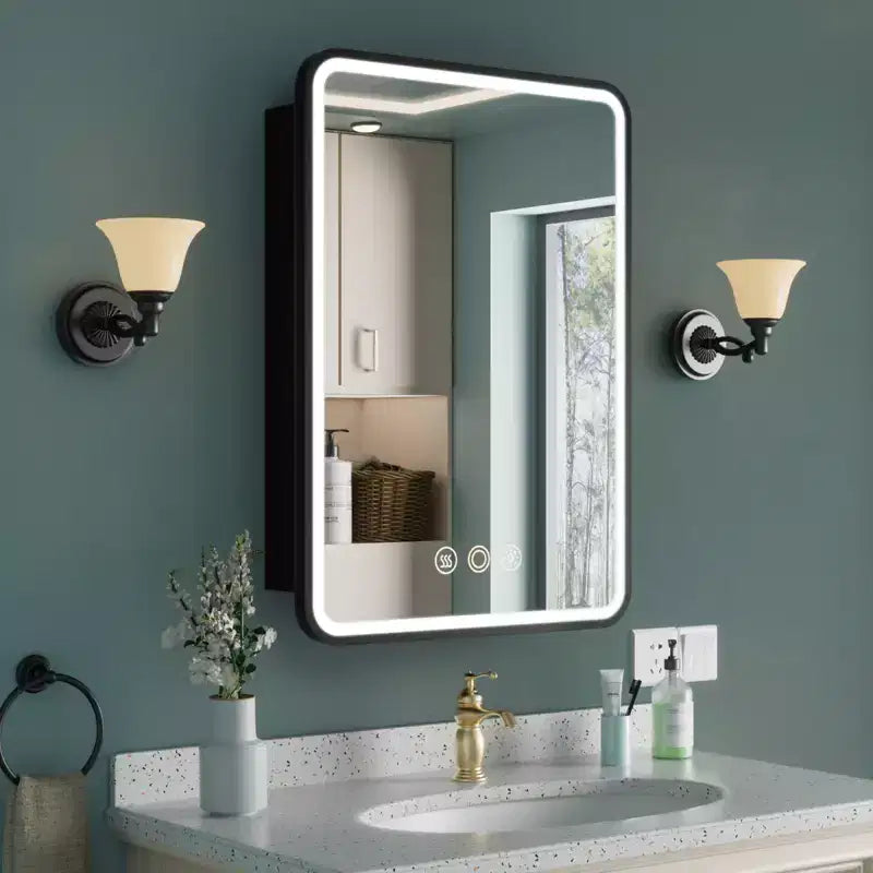 Armoire à pharmacie éclairée par LED, armoire de toilette encastrée ou murale avec miroir, anti-buée, intensité variable, 3 modes d'éclairage, fonction mémoire