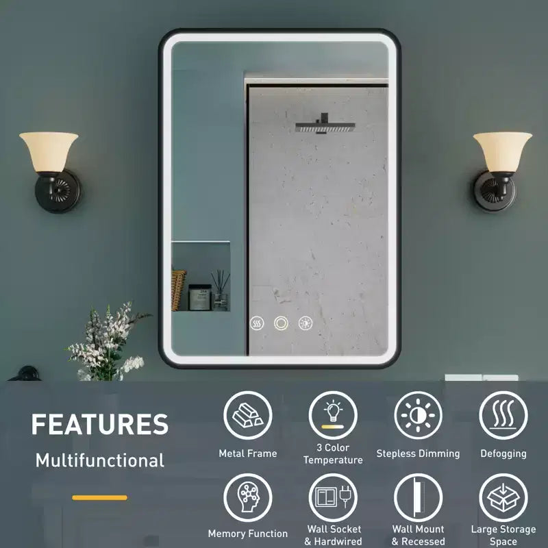 Armoire à pharmacie éclairée par LED, armoire de toilette encastrée ou murale avec miroir, anti-buée, intensité variable, 3 modes d'éclairage, fonction mémoire