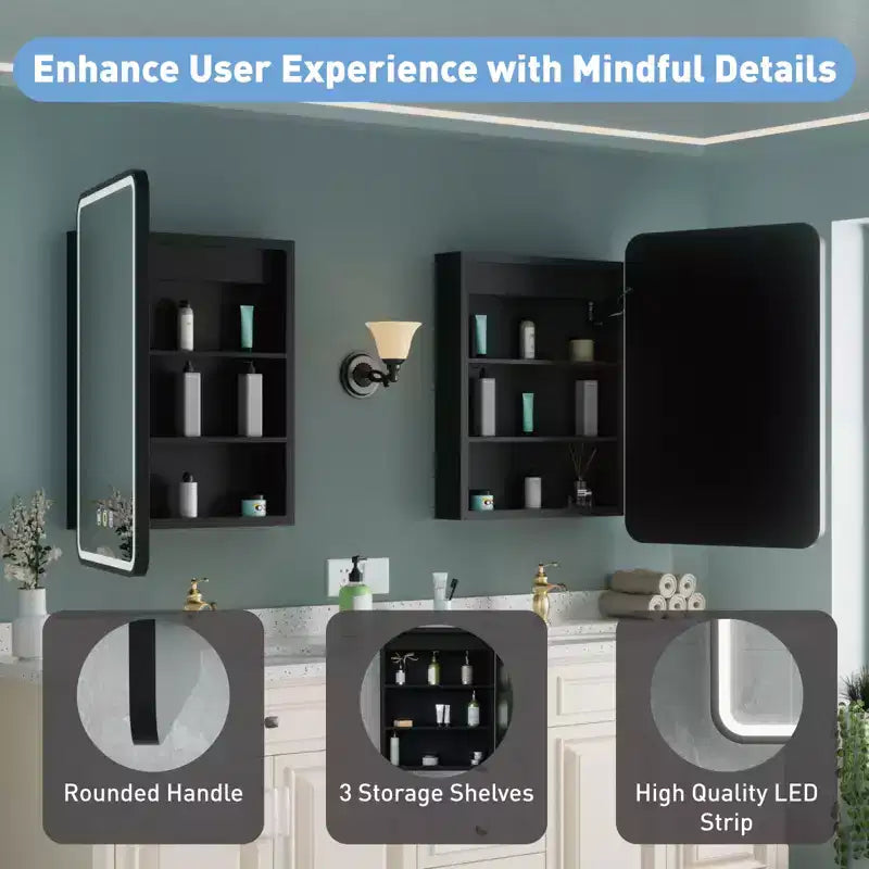 Armoire à pharmacie éclairée par LED, armoire de toilette encastrée ou murale avec miroir, anti-buée, intensité variable, 3 modes d'éclairage, fonction mémoire