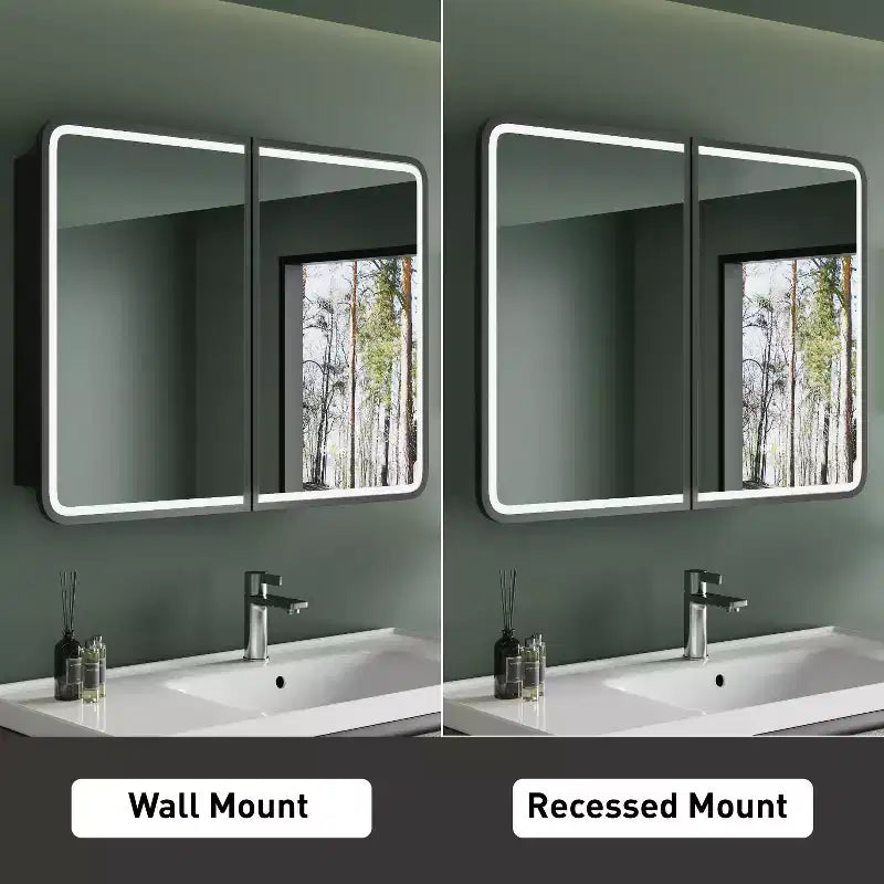 Armoire à pharmacie éclairée par LED, armoire de toilette encastrée ou murale avec miroir, anti-buée, intensité variable, 3 modes d'éclairage, fonction mémoire